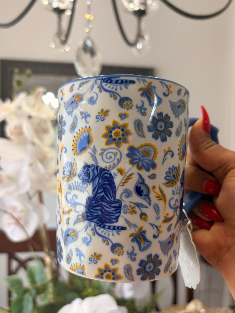 Blue & Yellow Floral Tiger Pattern Ceramic Mug